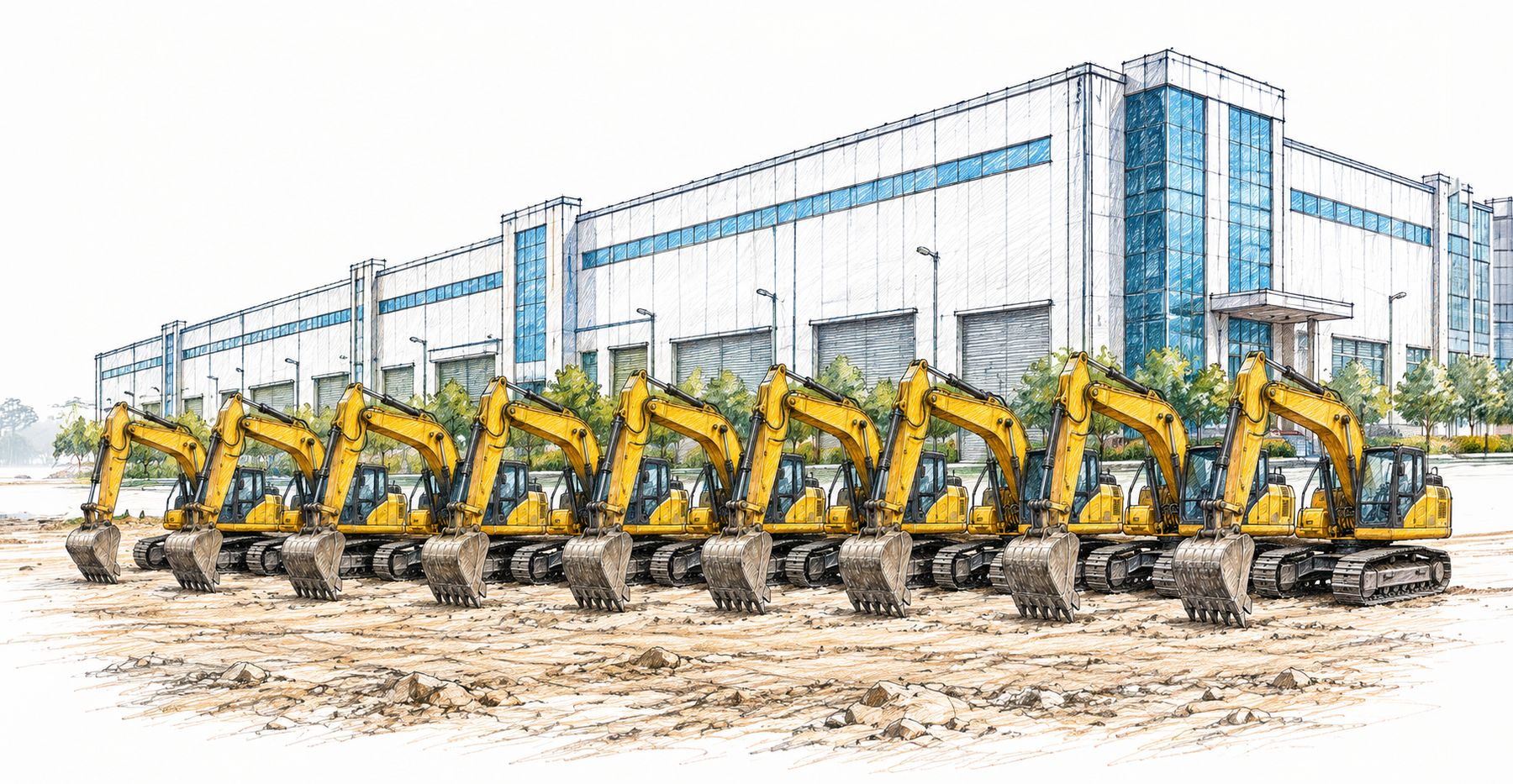 Yellow excavators lined up outside a manufacturing plant.