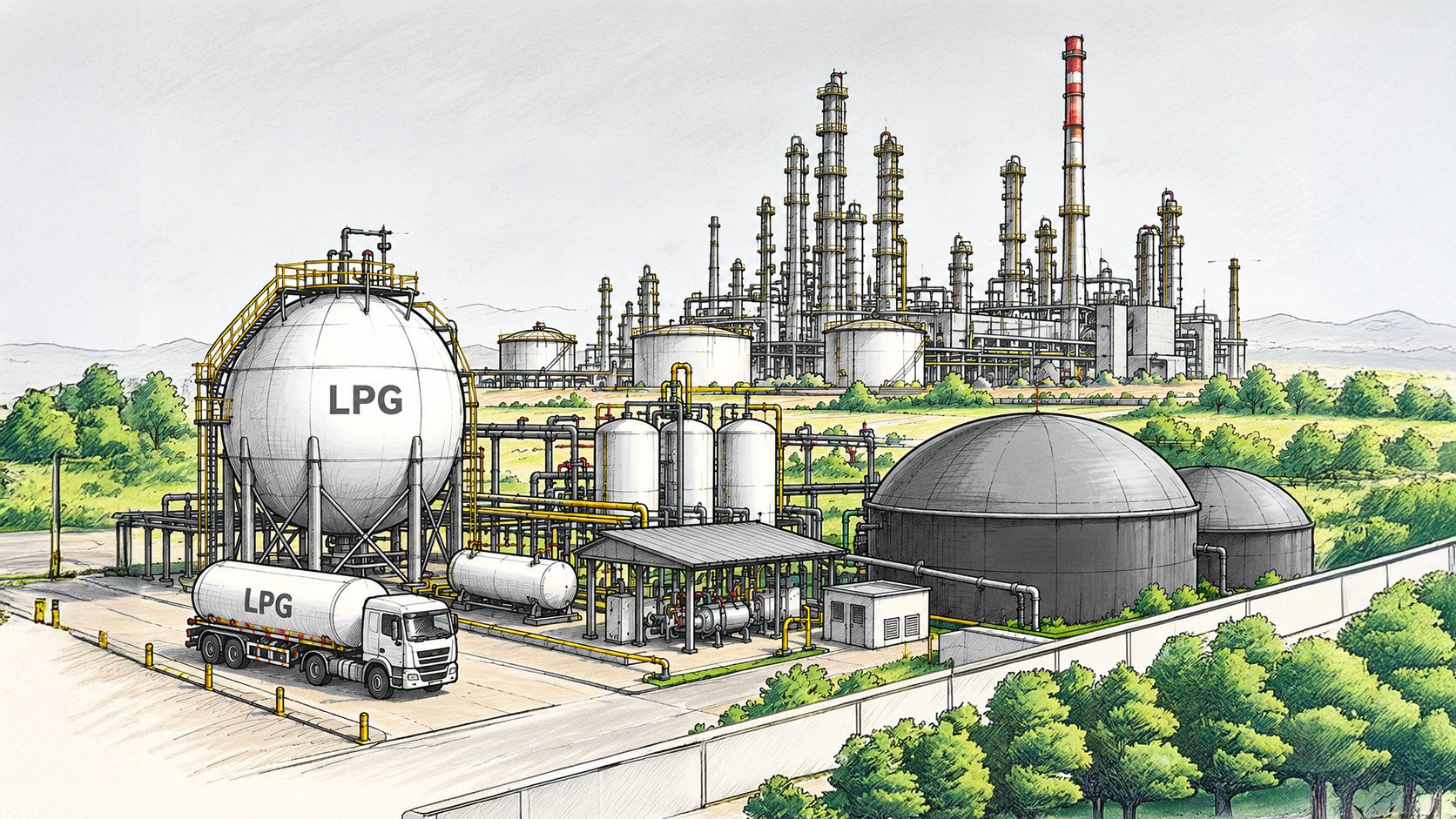 An LPG storage sphere, tanker and biogas domes at an energy plant.