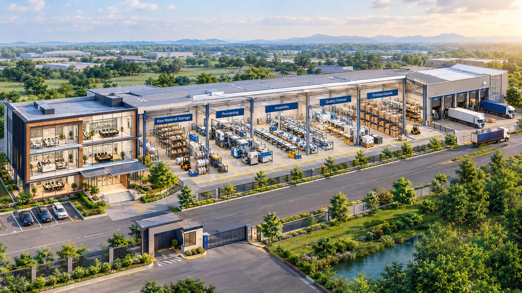 A distribution facility with storage, processing, assembly and finished goods.