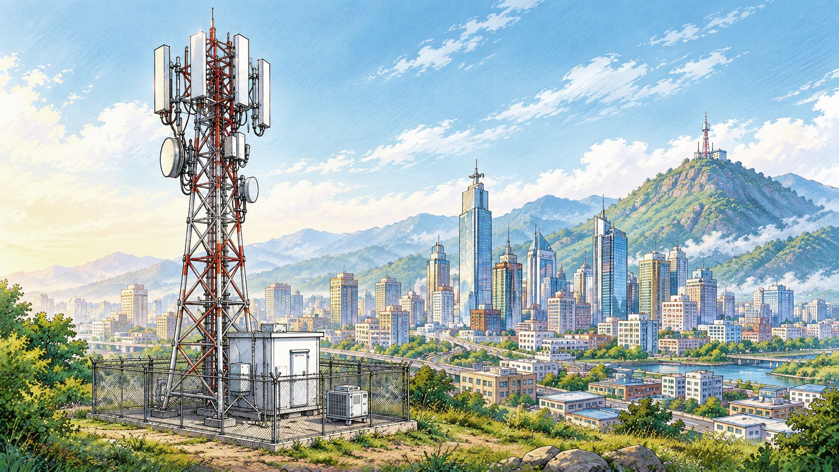 A mobile tower above a dense city, the visual for telecom infrastructure training.