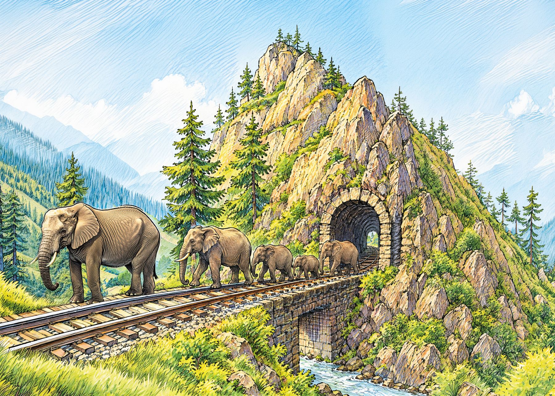 Elephants walking a railway through forested mountains, the conservation training visual.