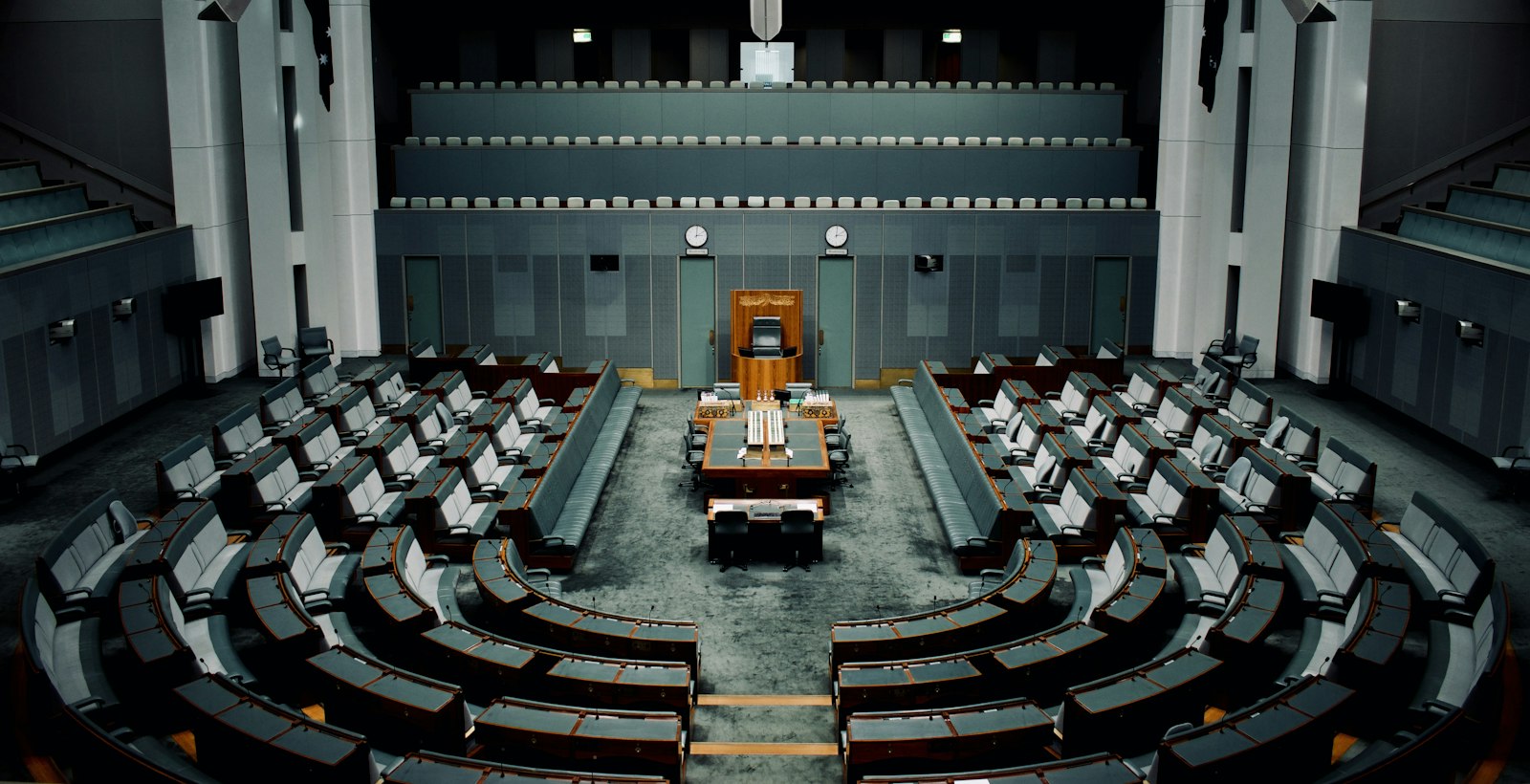 An empty legislative chamber, for public-sector learning.